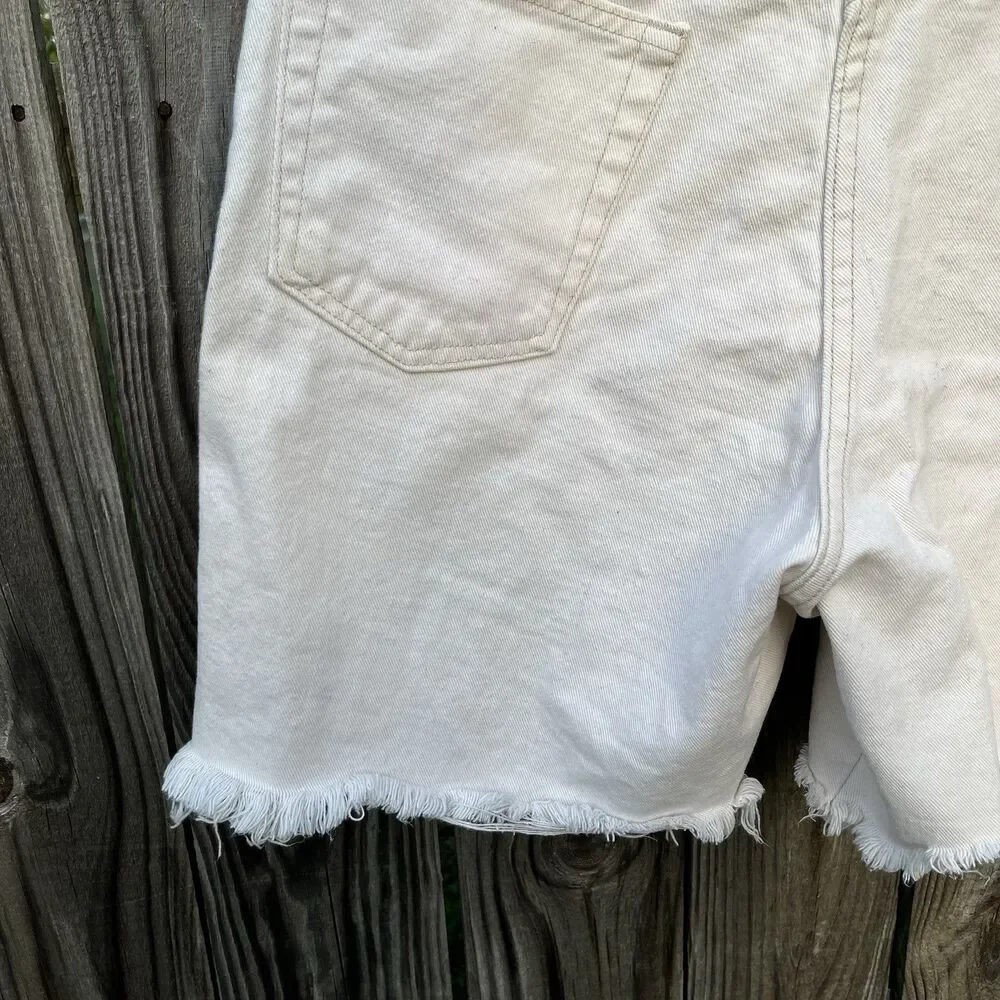 Vintage Boss Shorts Mens 36 White Denim Hip Hop Rap 90s Baggy Spellout Logo Fray